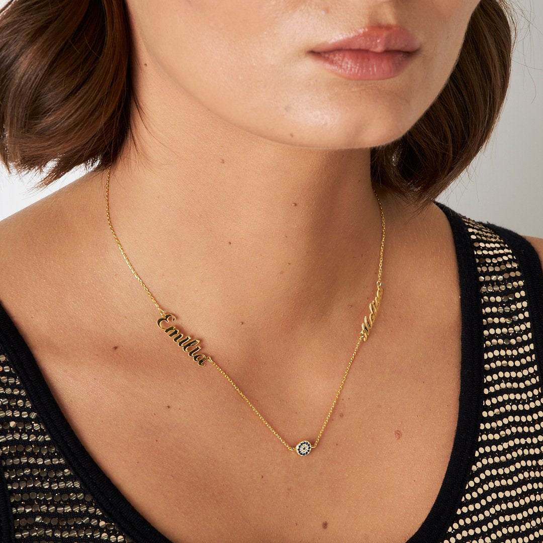 Namenskette - Hand geschrieben bösen Blick Halskette mit zwei Namen