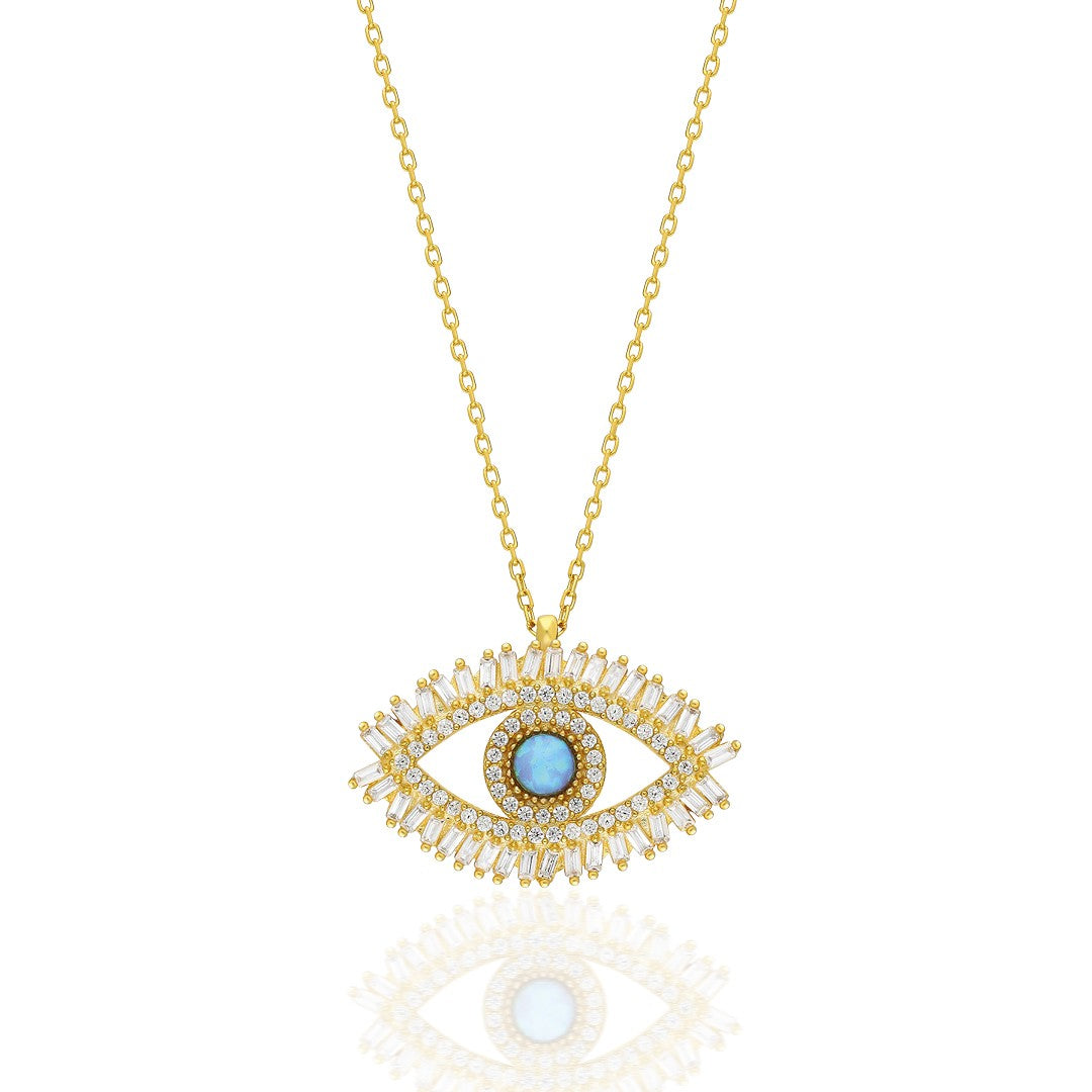 14K gold eye necklace with baguette stones and turquoise center, 40+5 cm adjustable length, elegant jewelry piece.