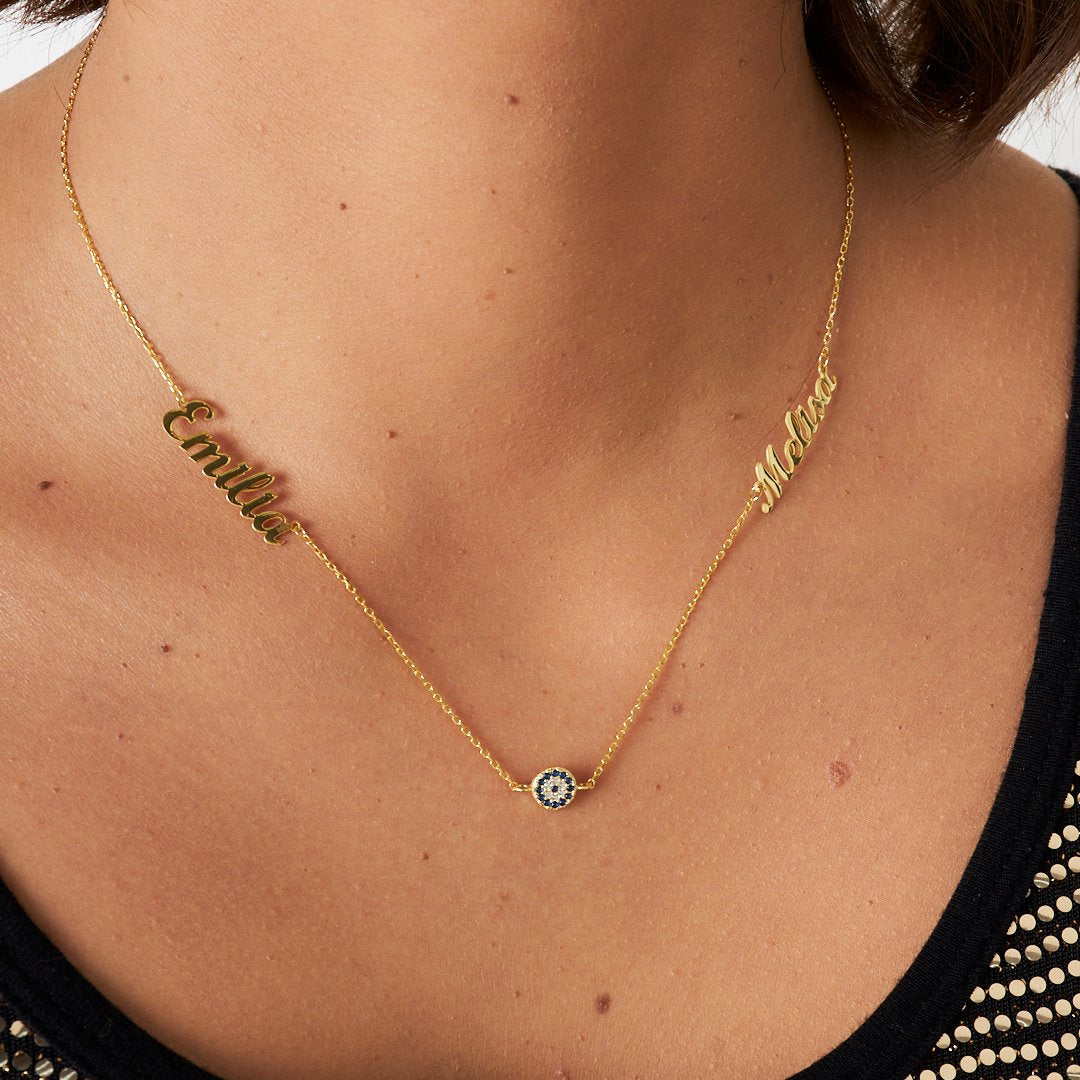 Namenskette - Hand geschrieben bösen Blick Halskette mit zwei Namen