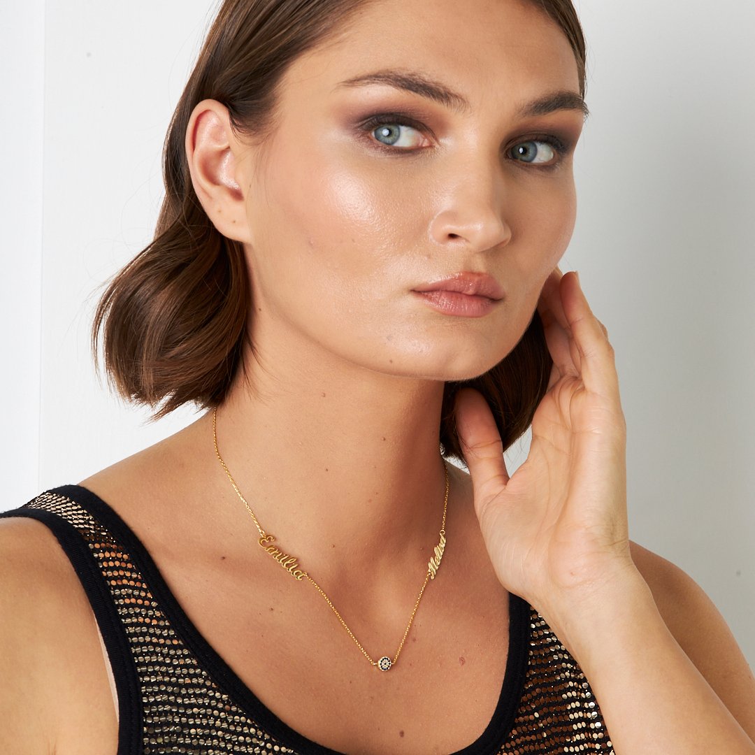 Namenskette - Hand geschrieben bösen Blick Halskette mit zwei Namen