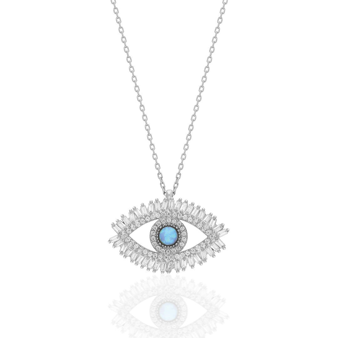 Silver necklace featuring an eye-shaped pendant with a blue opal center and sparkling stones, perfect for unique jewelry styles.