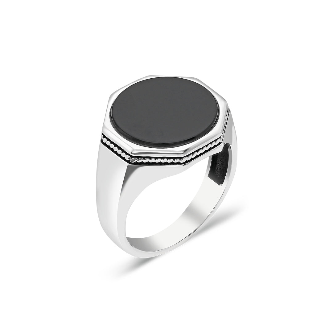 Octagonal ring with black stone