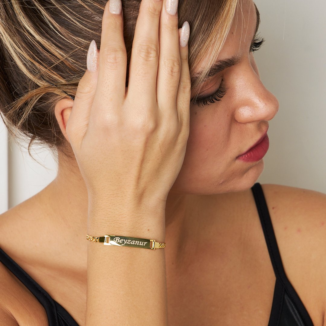 14K GOLD Carved Bracelet with Name Frame