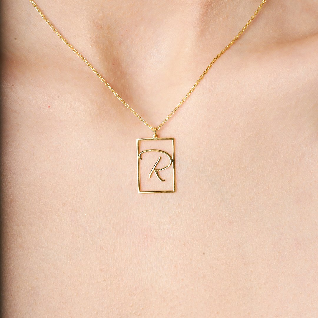 14K GOLD Rectangular Necklace with Letters