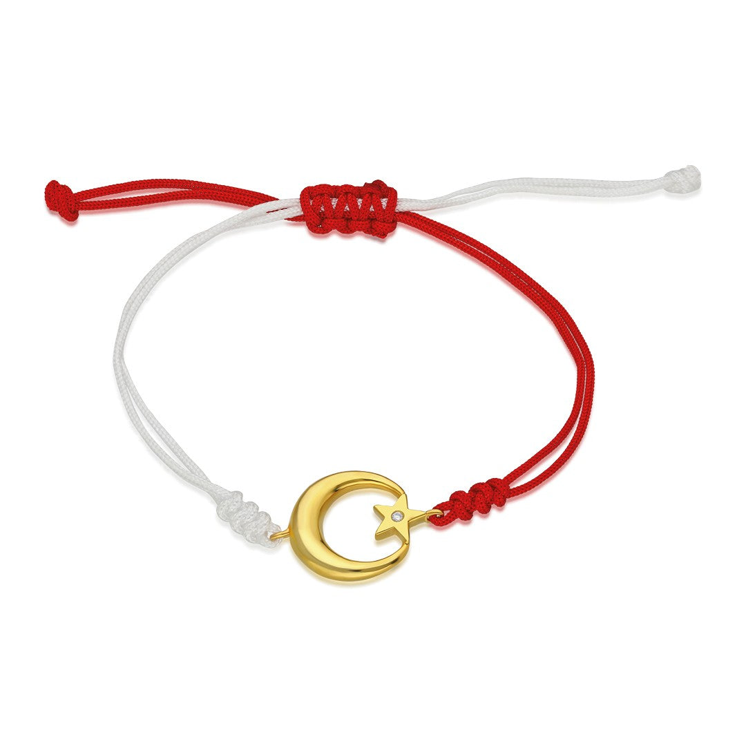 Red and white rope bracelet with moon star