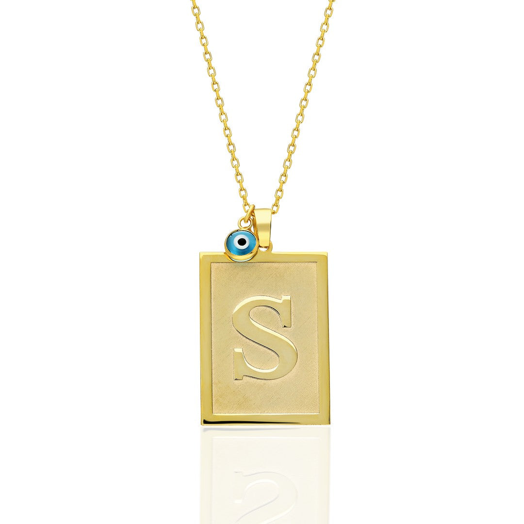 Name Necklace -Square Plate Necklace with Evil Eye Letter