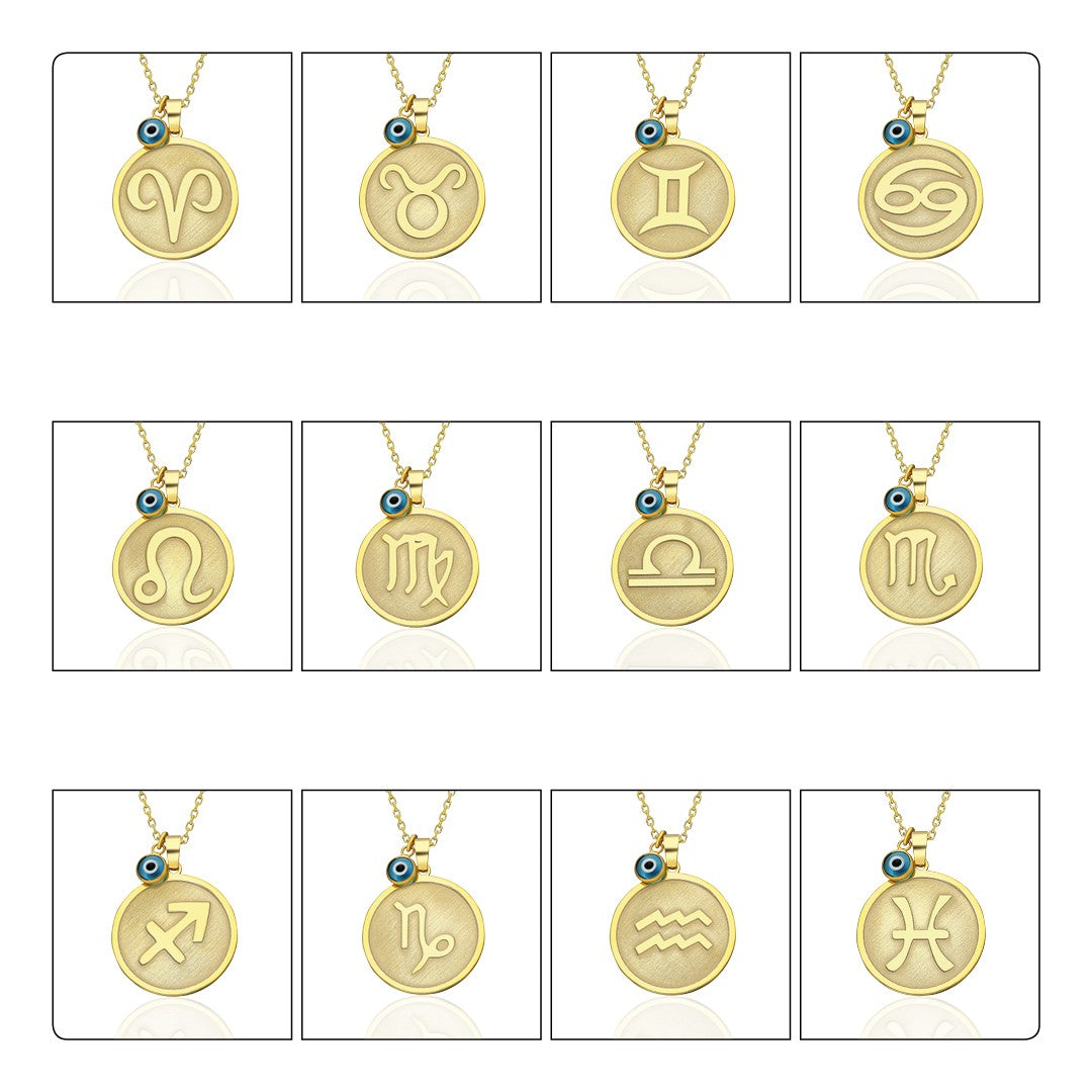 Round Gemini horoscope necklace with evil eye