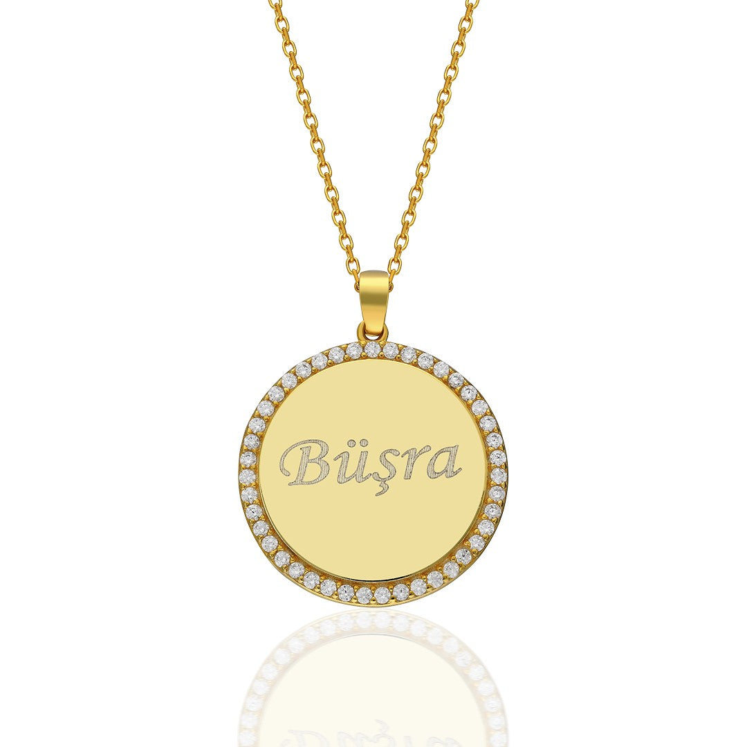 14K GOLD Round Plate Name Necklace