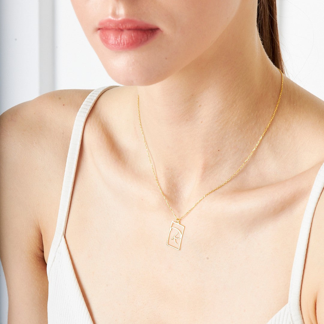 14K GOLD Rectangular Necklace with Letters