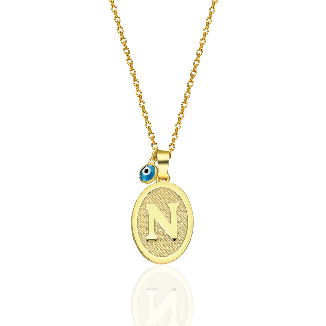 14K GOLD Oval vintage letter necklace with evil eye