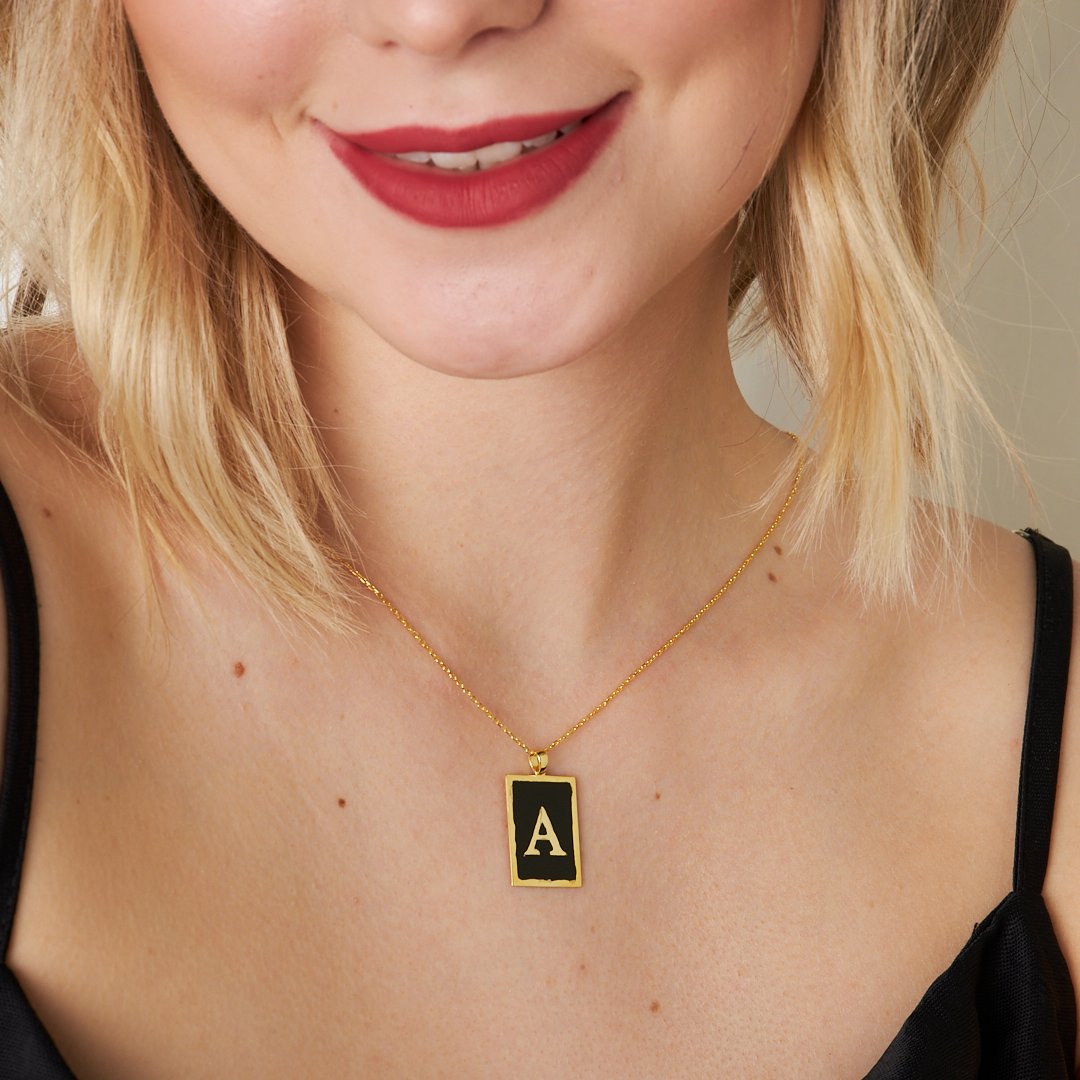 Name Necklace - Black Enameled Square Letter Necklace