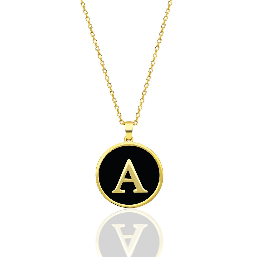 14K GOLD Black Enameled Oval Letter Necklace