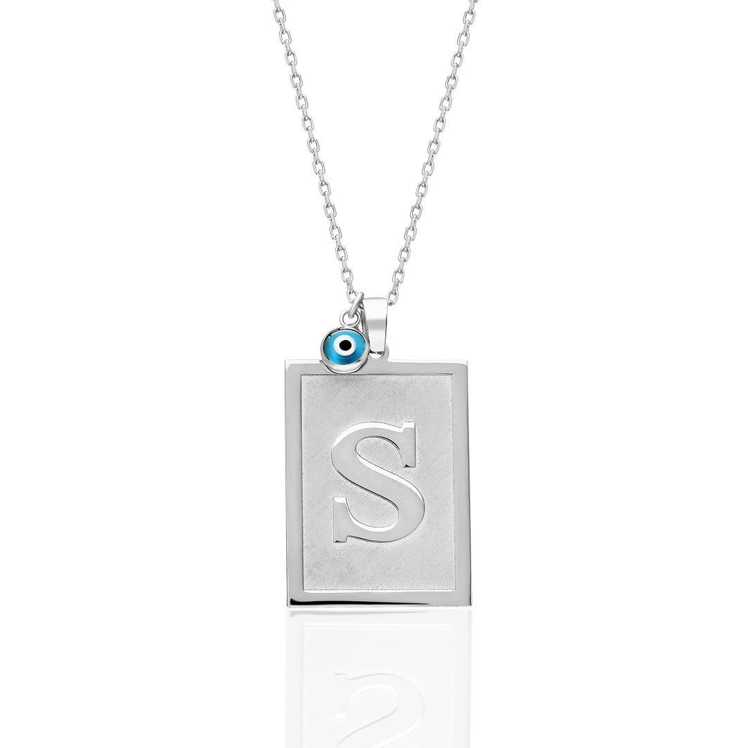 Name Necklace -Square Plate Necklace with Evil Eye Letter