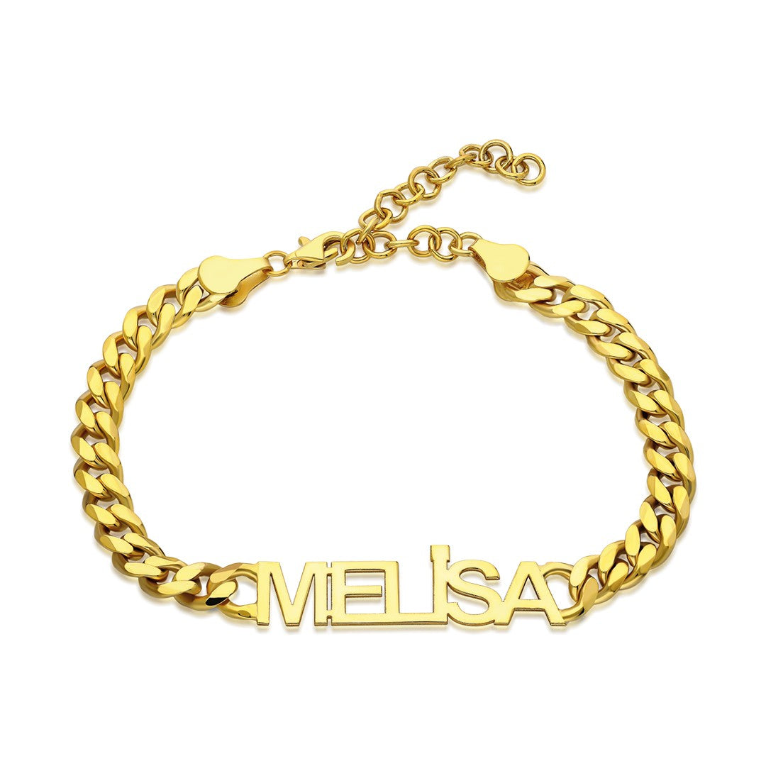 14K GOLD Thick Name Bracelet with Cuban Chain