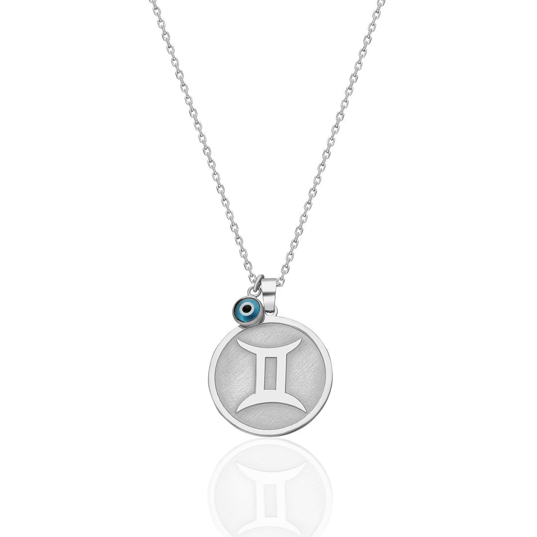 Round Gemini horoscope necklace with evil eye