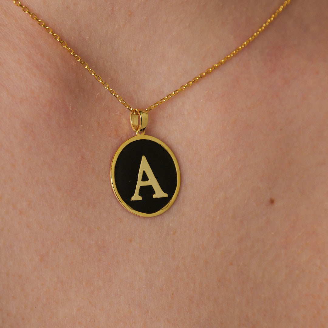 14K GOLD Black Enameled Oval Letter Necklace