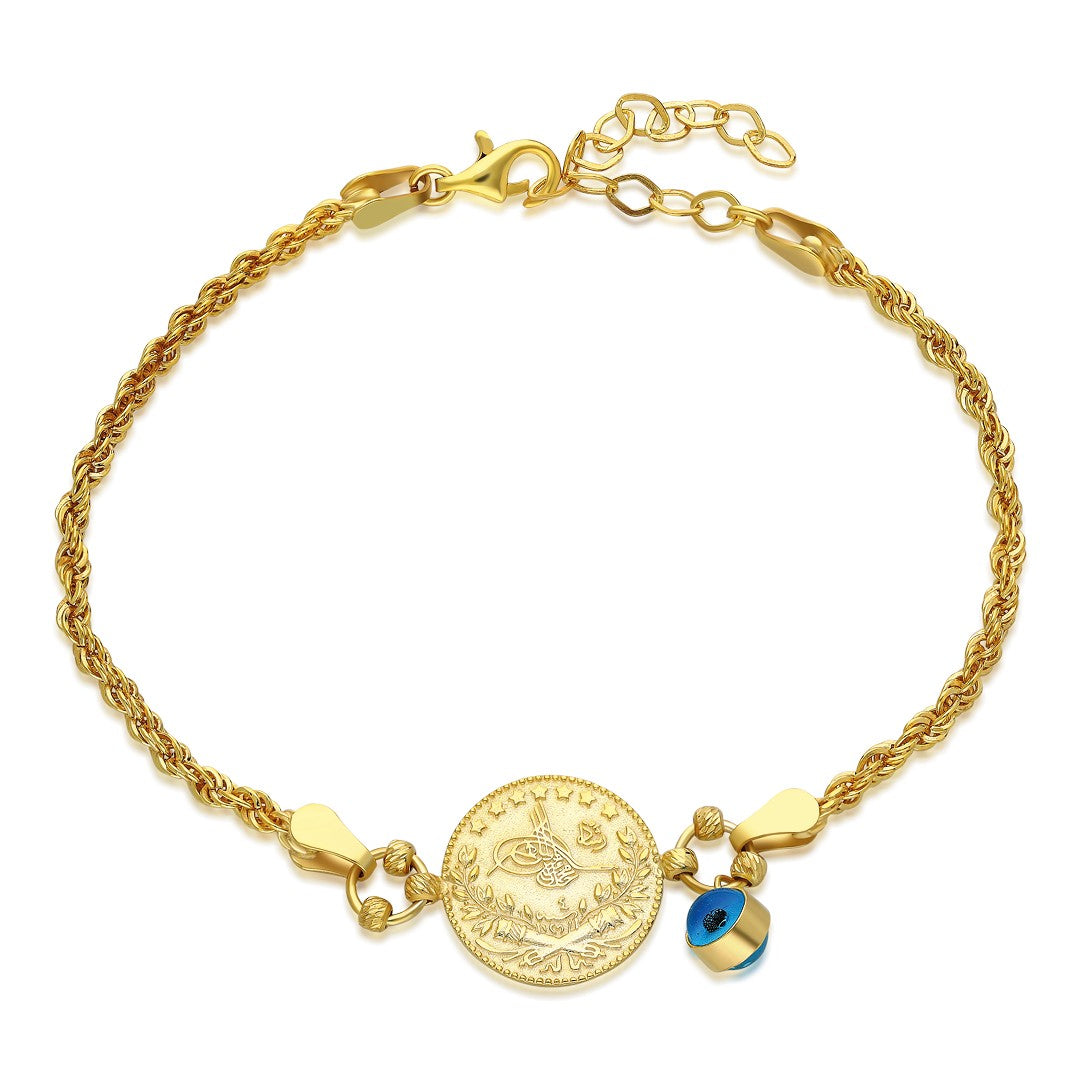 14K GOLD rope chain bracelet with evil eye Tugra