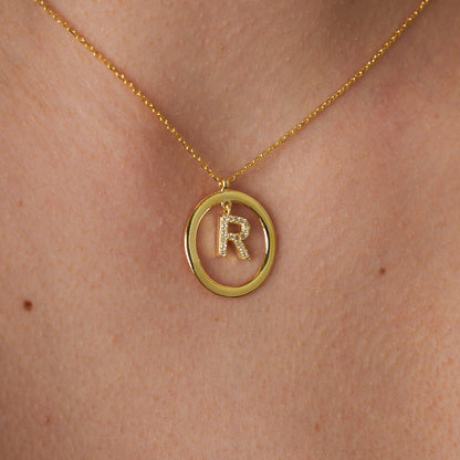 Letters - Oval Pendant Letter Necklace with Stones