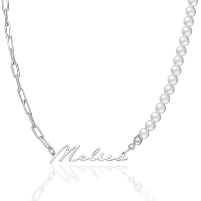 Name Necklace - Handwritten Name Necklace with Half Pearls