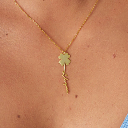 Name Necklace - Lucky Clover Necklace with Handwritten Name