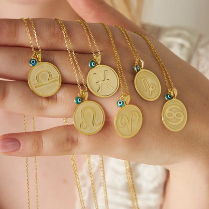 Round Gemini horoscope necklace with evil eye