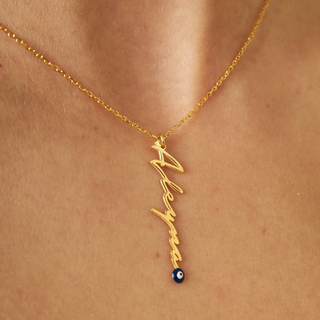 14K GOLD signature necklace with evil eye