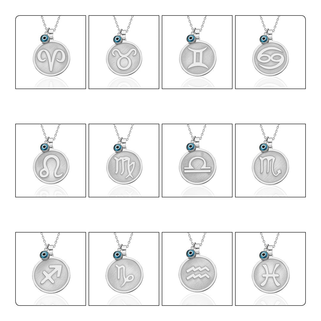 Round Gemini horoscope necklace with evil eye