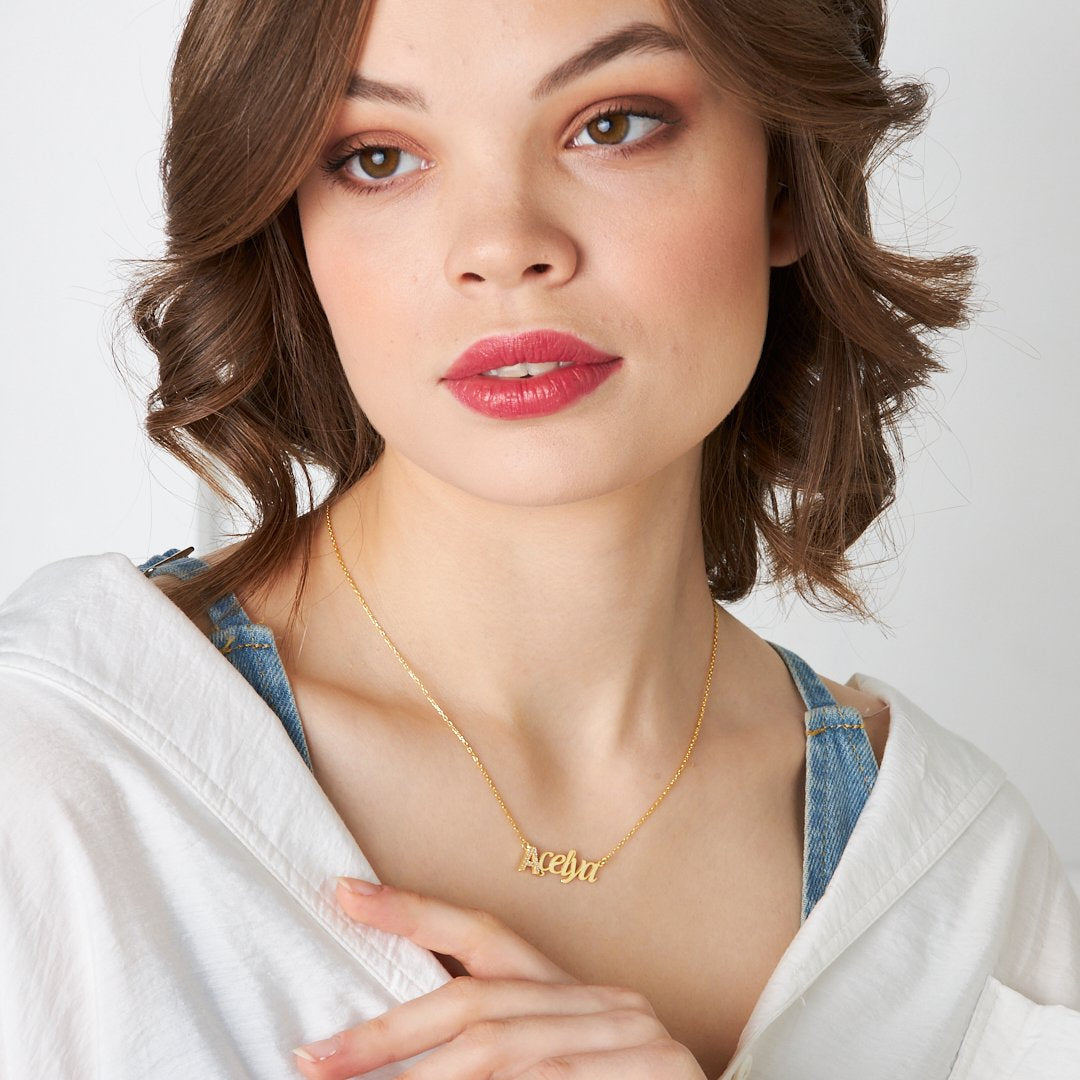 Letters - Horizontal Name Necklace with Initial Stones