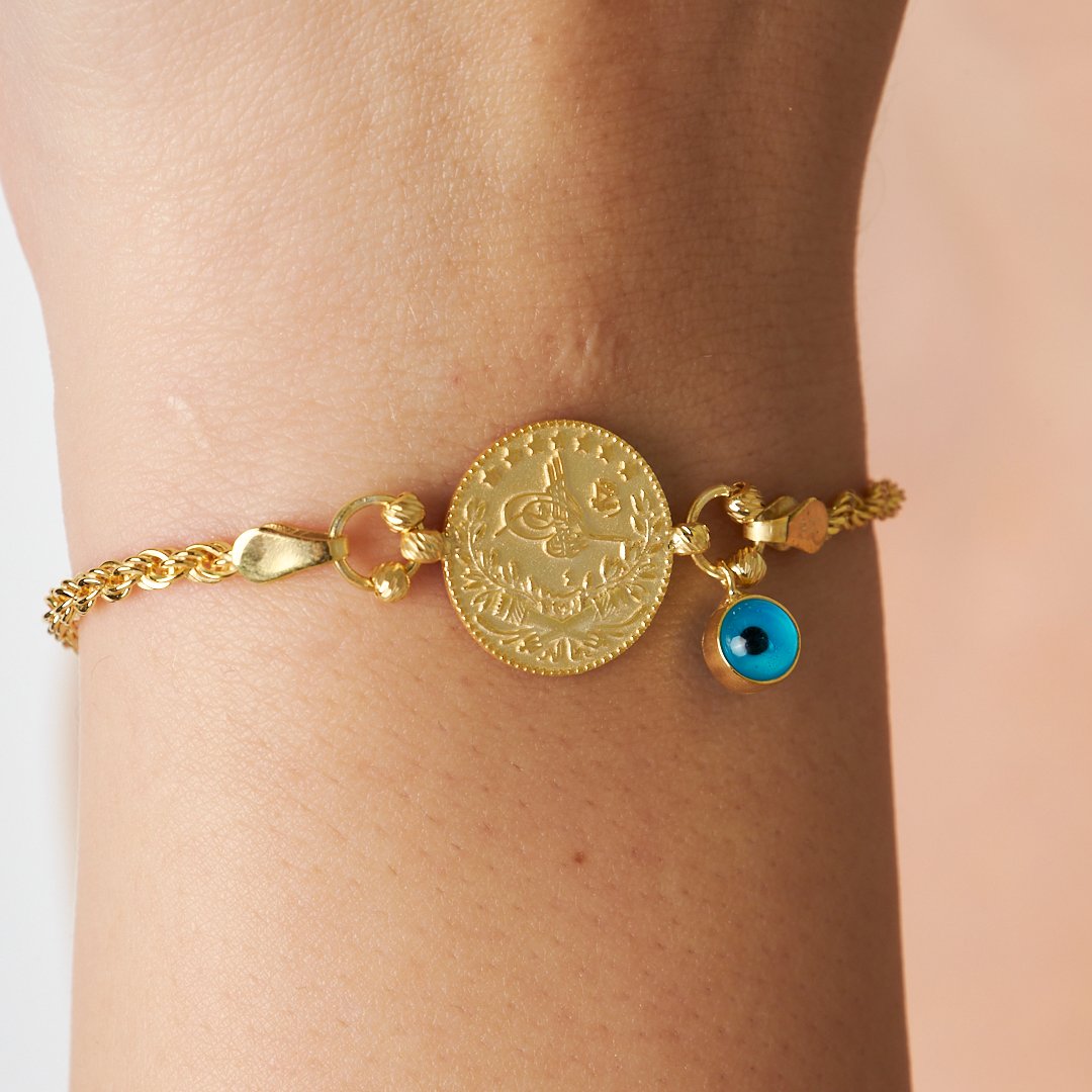 14K GOLD rope chain bracelet with evil eye Tugra