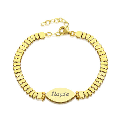 14K GOLD Rectangular Chain Bracelet with Oval Name