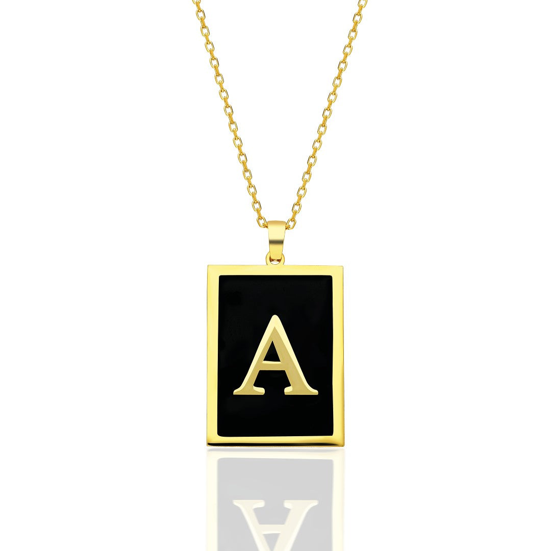 14K GOLD Black Enameled Square Letter Necklace