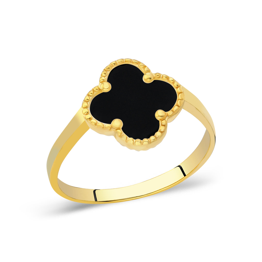 14K GOLD Kleeblatt ring mit schwarzem stein