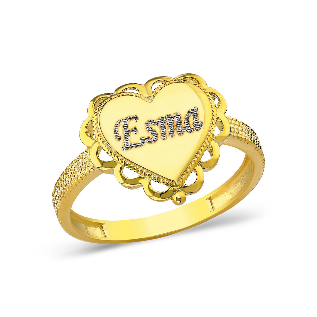 14K GOLD ring with name inscription without heart stones