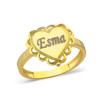 14K GOLD ring with name inscription without heart stones