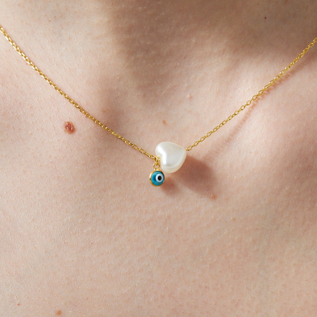 14K GOLD White Heart with Evil Eye